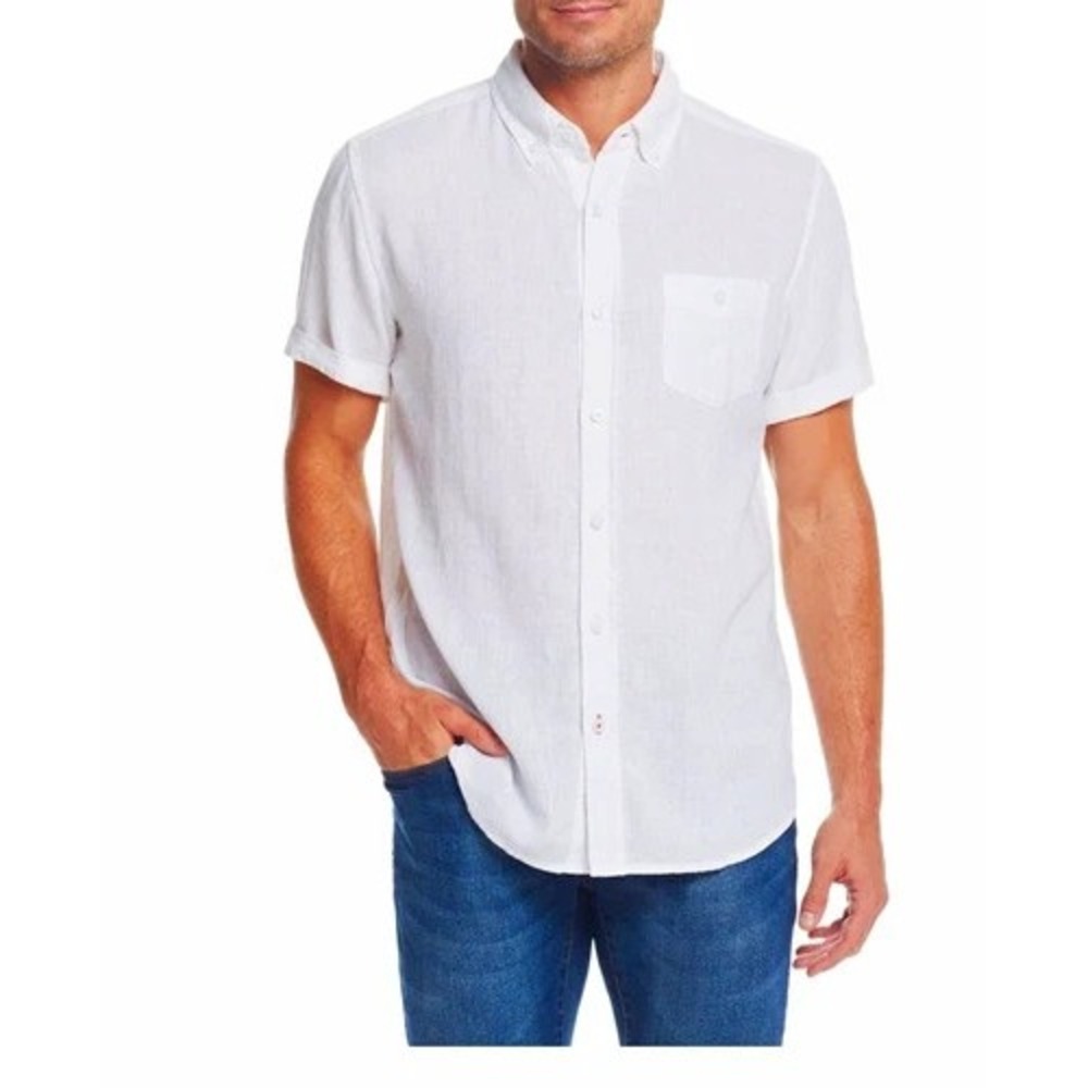 Weatherproof Vintage Mens White Short Sleeve Linen Woven Button Up Shirt Small